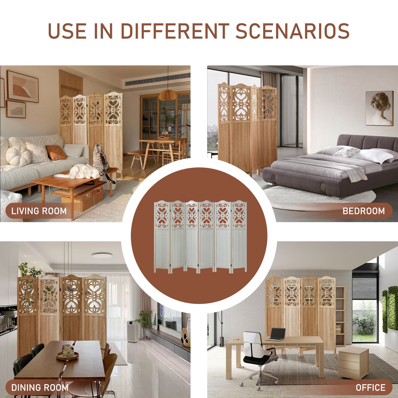 Aletheiawu 4 Panel Wood Carved Room Divider and Folding Screen, No Installation Required，Light Brown