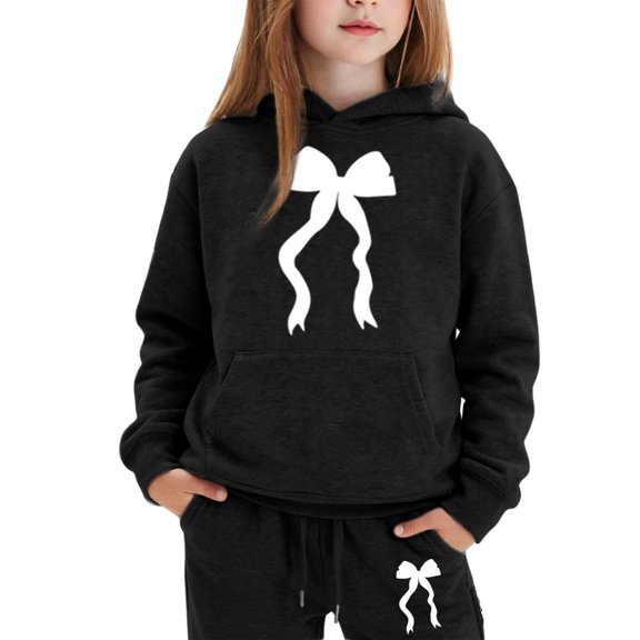 Angala 2 Piece Outfits For Girls Hooded Long Sleeve Bowknot Print Sweatshirt With Jogger Pants Set Girls Autumn Daily Wear Clothes