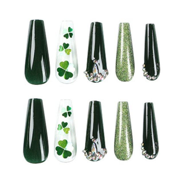 Riforla Wearable Nails St. Patrick's Day Manicure Green Glitter Nail Patch Rhinestone Glitter Nails Long Style 1ml Fake Nails