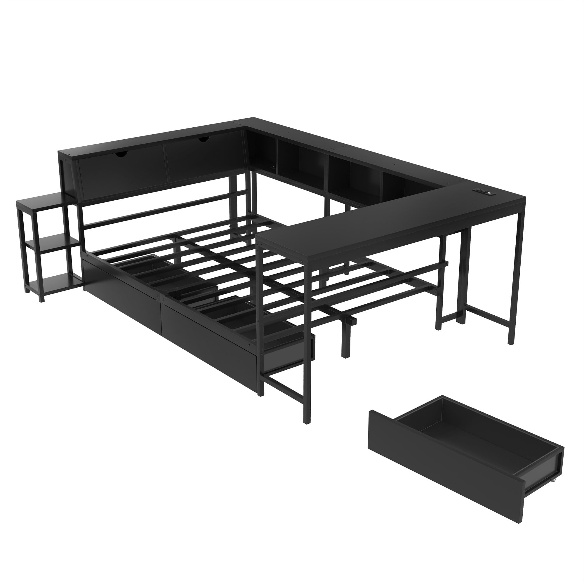 AENKYO Queen Size Corner Daybed with Desk & Storage Headboard, LED Lights, Power Outlets & Drawers, Black