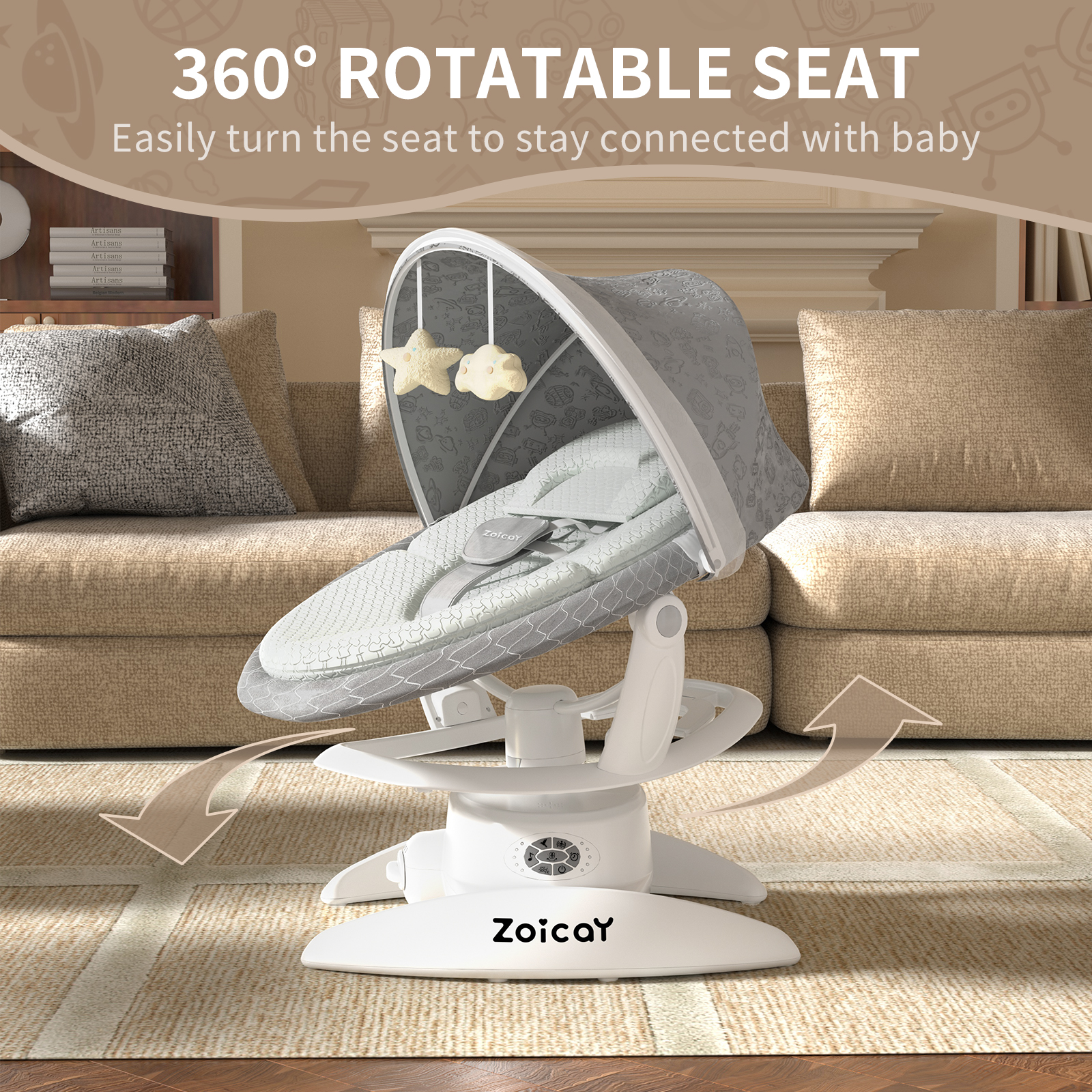 Zoicay Baby Swing, Baby Rocker Stationary Seat Infants Swing 3-IN-1 Design, Motion Detection, 5 Speeds & 3 Modes, 12 Melodies & Bluetooth Music, Gray