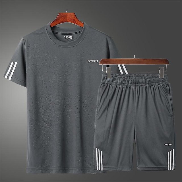 Camisa de running de manga corta para hombre + pantalones cortos, top de culturismo, camiseta de fútbol-Conjunto gris-XXXL BmatwkZeng Bmatwk Jersey