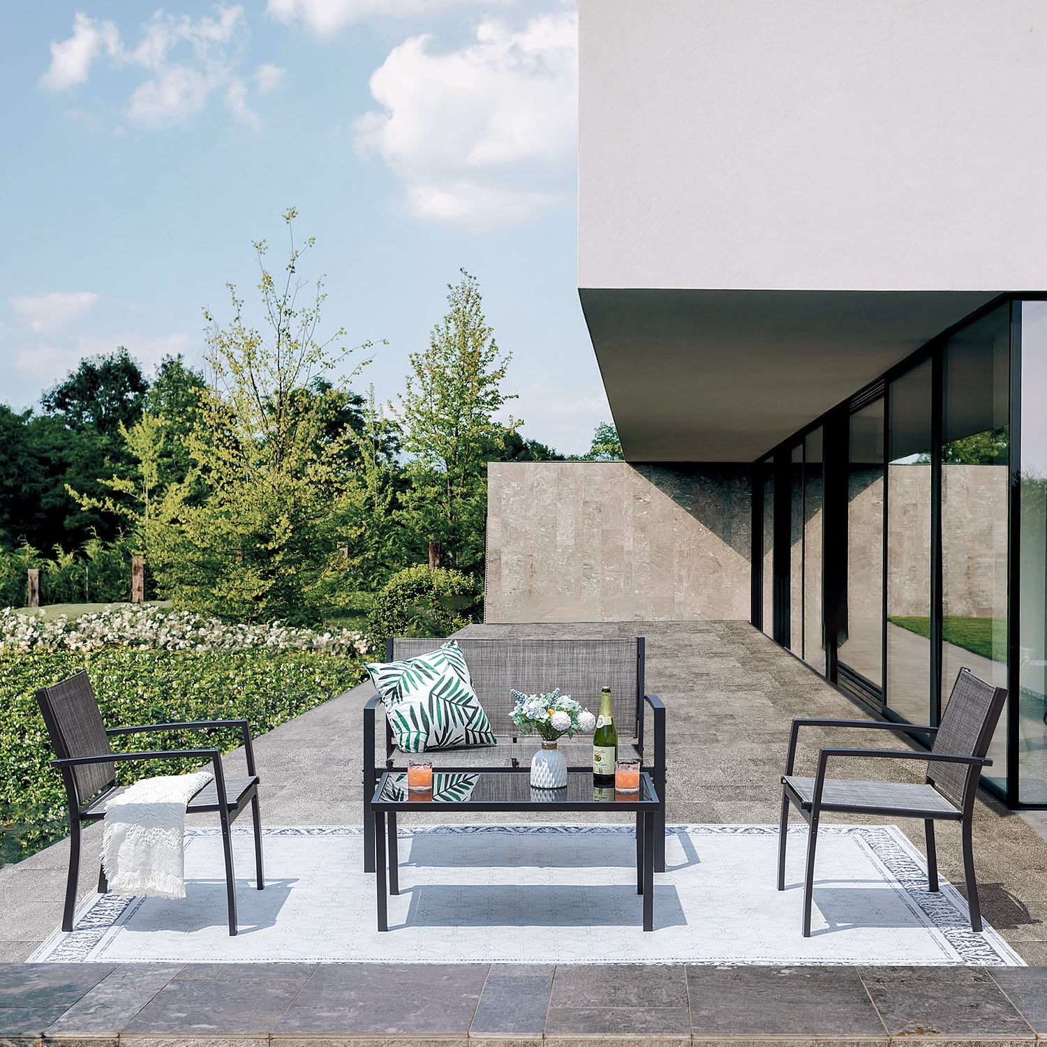 Devoko 4 Pieces Patio Furniture Outdoor furniture Outdoor Patio Furniture Set Textilene Bistro Set Modern Conversation Set Black Bistro Set with Loveseat Tea Table, Grey