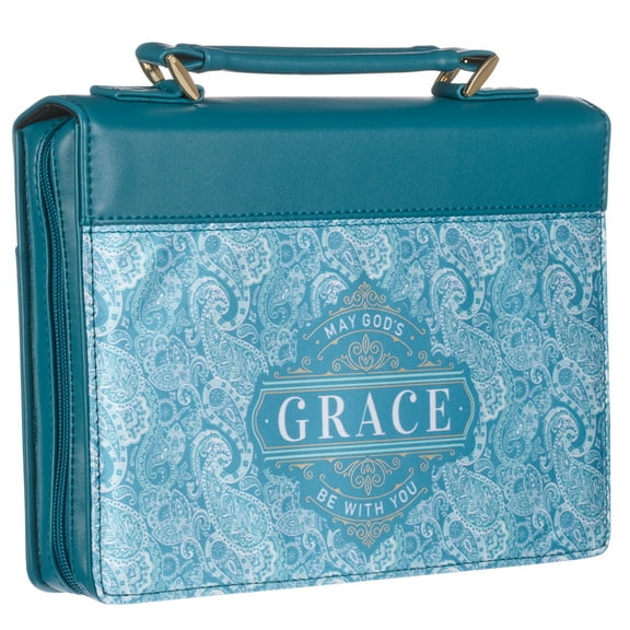 Christian Art Gifts Teal Vegan Leather Fashion Bible Cover for Women: God's Grace Be with You - Inspirational Book Carry Case w/Cute Paisley Pattern, Silver Zipper, Pockets & Pen Storage, Large