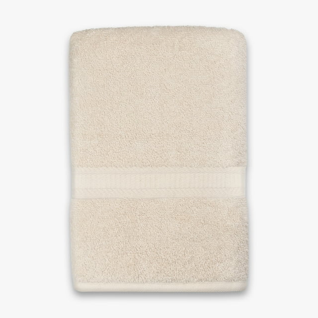Mainstays Basics solid beige bath sheet folded to show texture and decorative band