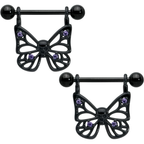 Body Candy 14G Womens Nipplerings Piercing Surgical Steel Black Skull Butterfly Dangle Nipple Ring Set 11/16"