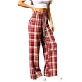 thumbnail image 2 of Women's Plaid Straight Leg High Waist Casual Pants, Polyester Pocket Loose Long Trousers, Fashion Summer Bottoms for Daily Shopping Home | TruHer,Red Free Size, 2 of 7