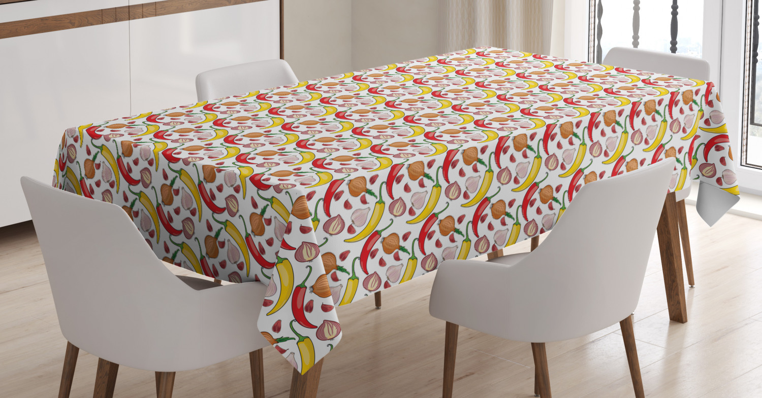 Vegetable Tablecloth, Hot Peppers Onions Garlic Pattern Colorful