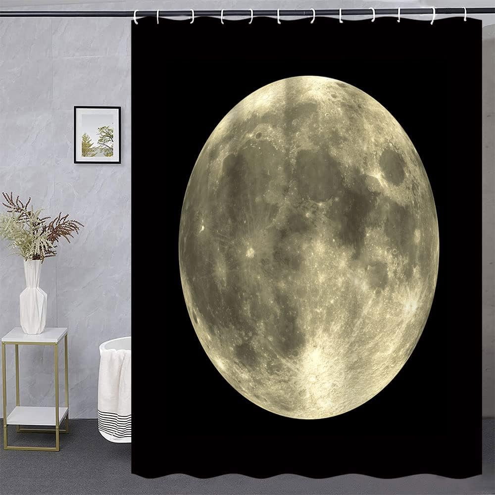 Full Moon Shower Curtain Mysterious Gray Planet Black Background Bathroom Decor Fabric Curtains with Hook 35Wx70H Inches