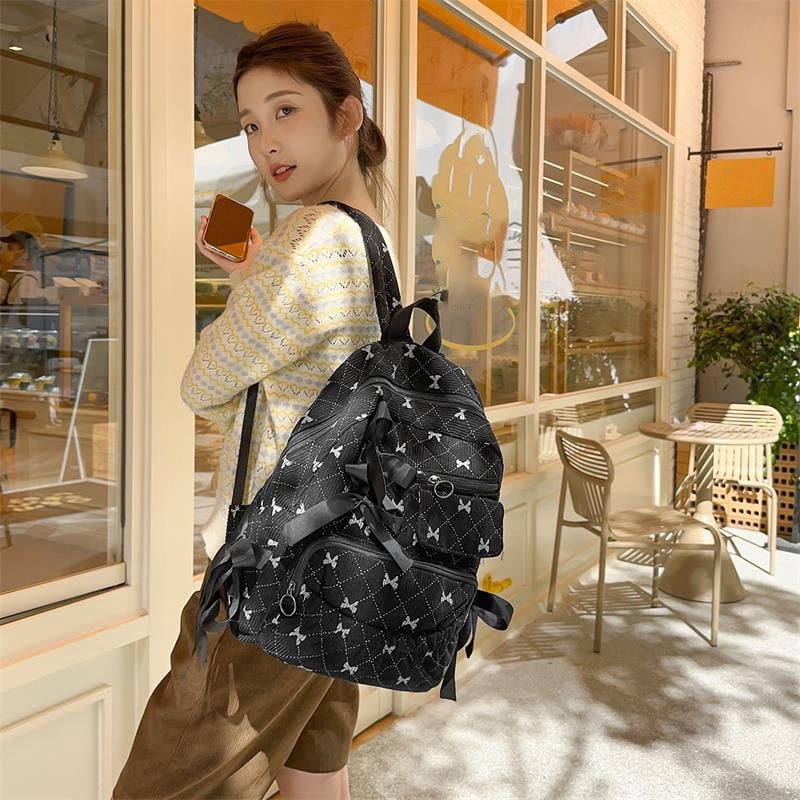 Yucurem Large Capacity Corduroy Backpack with Bow, Lightweight 15.75 inch Laptop Bag for Women, Aesthetic Daypack for College Travel (Black)