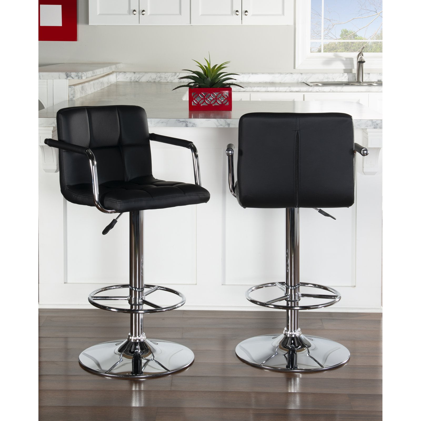 Linon White Quilted Faux Leather Gas-Lift Adjustable Swivel Bar Stool in Chrome