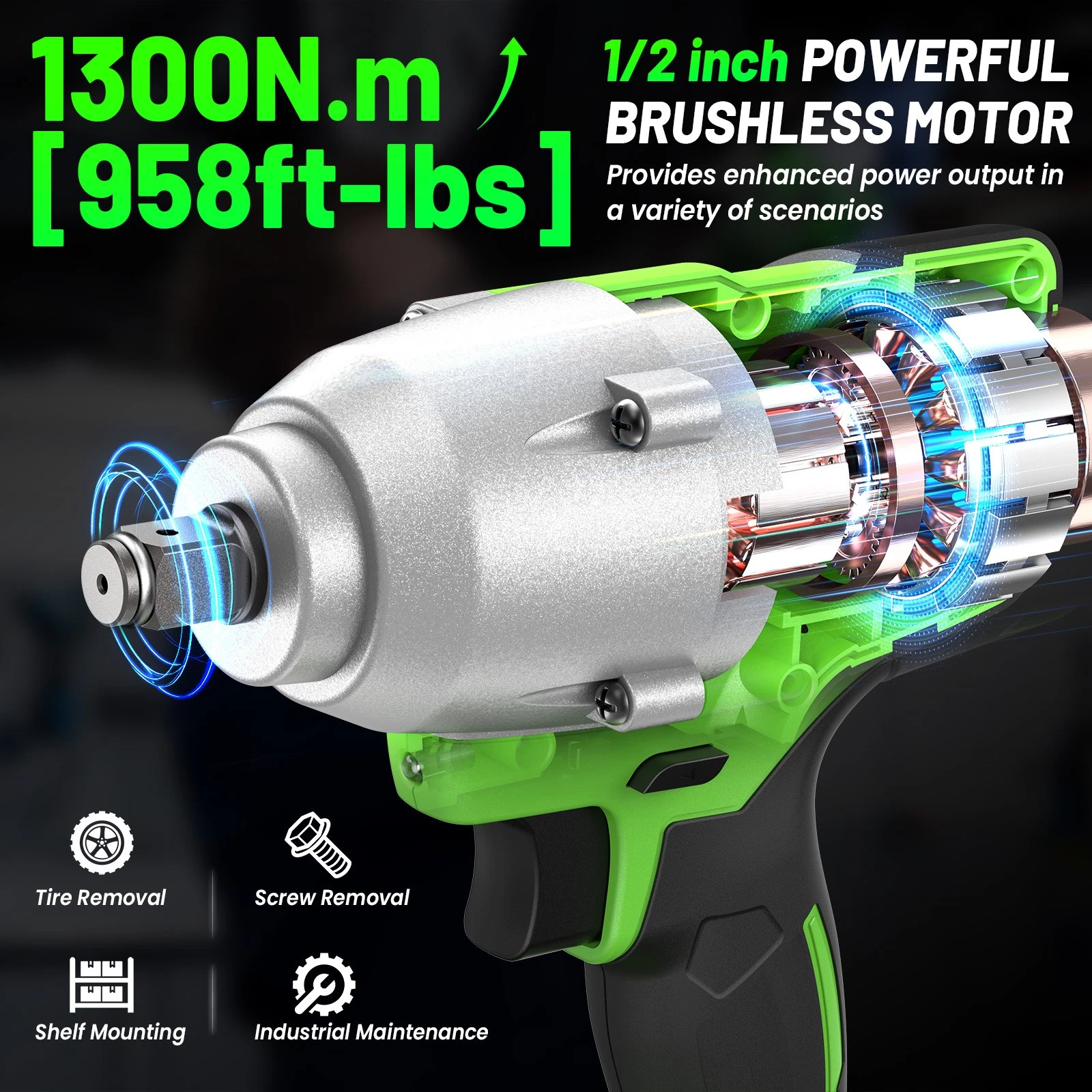 TaskStar 1300N·m (958ft-lbs) Cordless Brushless Impact Wrench 1/2" Kit, 2-Speed 0-3200RPM w/ 2x4.0Ah, Heavy Duty Electric Impact Gun for Automotive