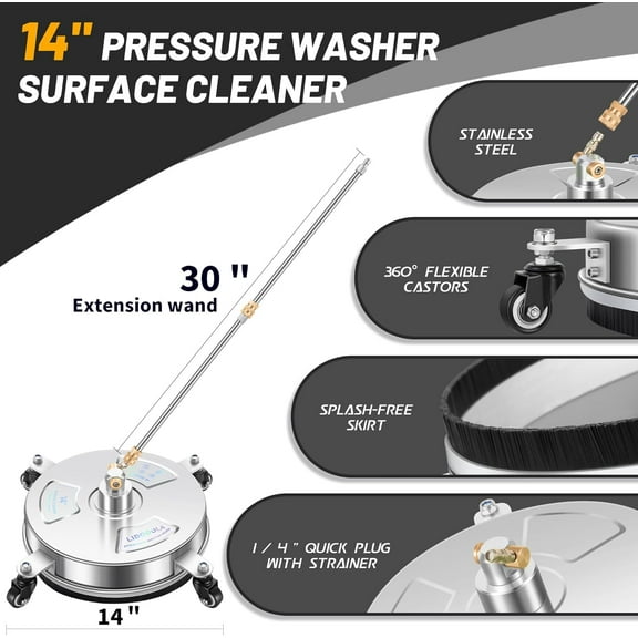14" Pressure Washer Surface Cleaner with 4 Wheels - Stainless Steel for Concrete, , Deck and Driveways