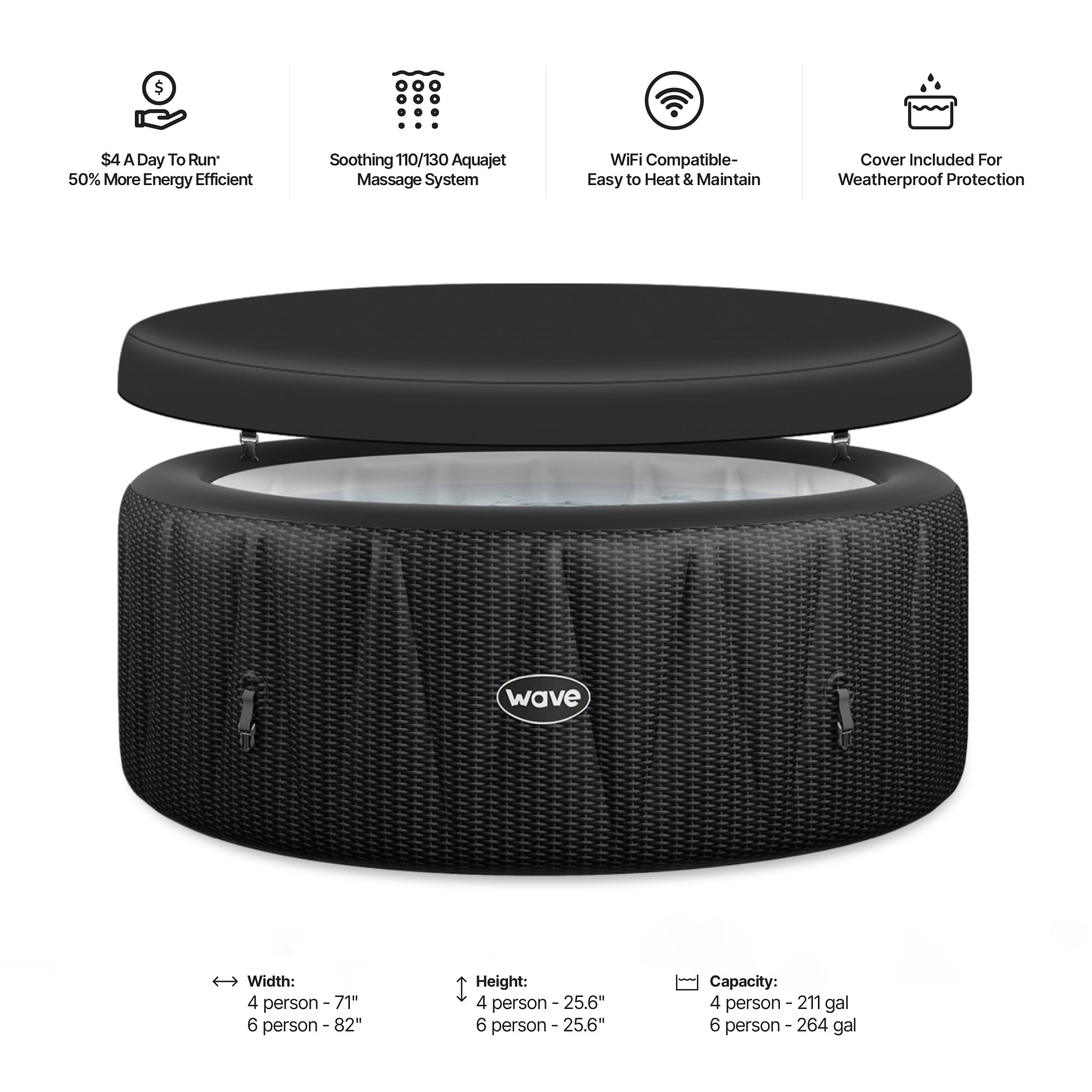 Wave Atlantic 4-Person Round Inflatable Hot Tub | 110-Jet AquaJet, Heater | Slate Rattan