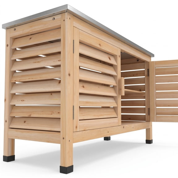 Biotree Outdoor Patio Storage Cabinet with Stainless Steel Countertop, L-Shaped Shelf, Fir Wood Serving Bar Cart for Garden Backyard Balcony Kitchen, Natural
