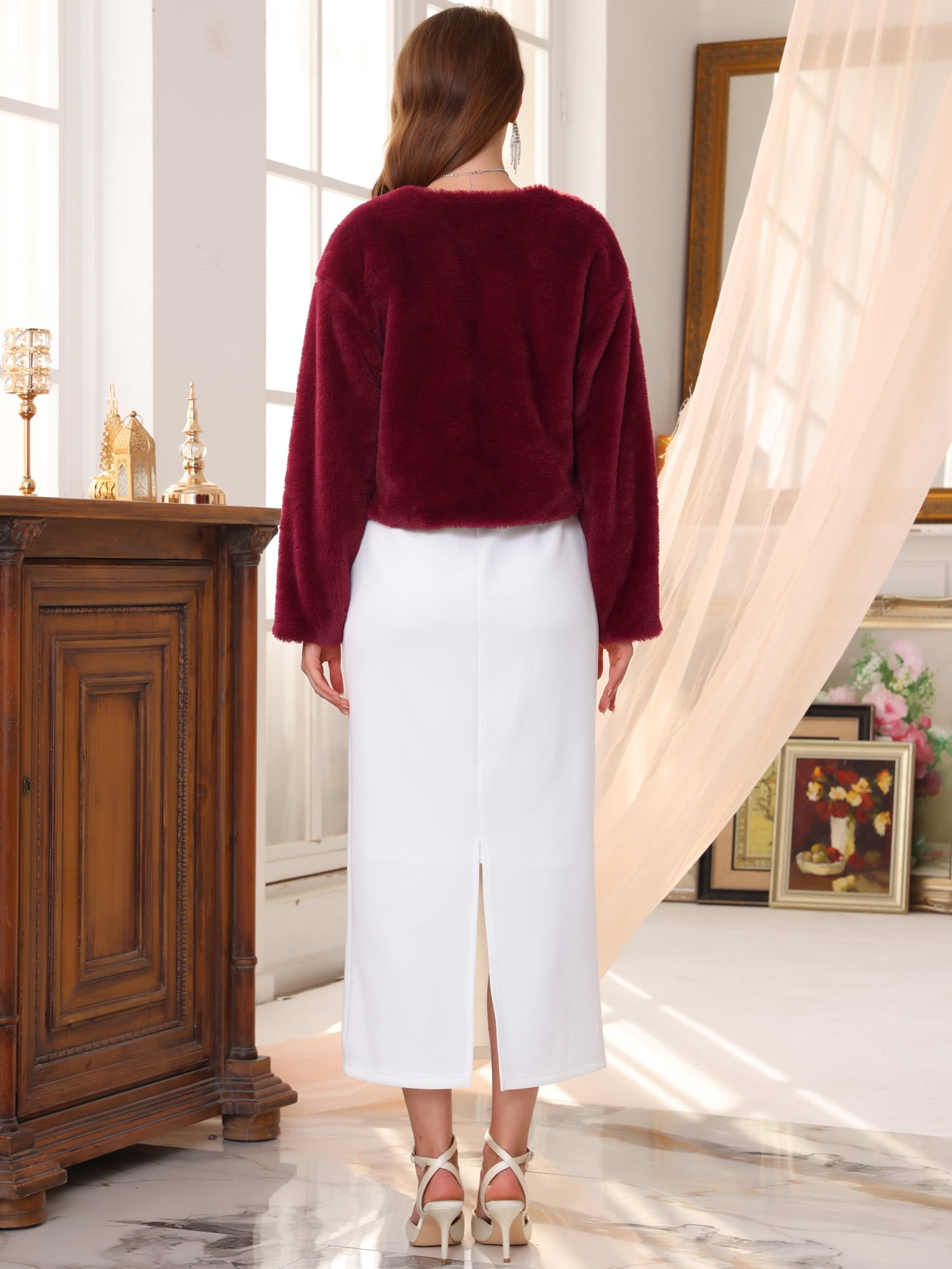 DARING DIVA Women's Elegant Faux Fur Shrug Formal Jacket S Burgundy