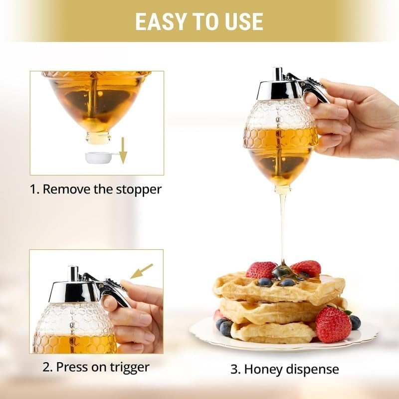 8fl oz Honey Dispenser with Stand – No-Drip Chrome-Plated ABS Lid, Honeycomb Design Jar for Honey, Maple Syrup