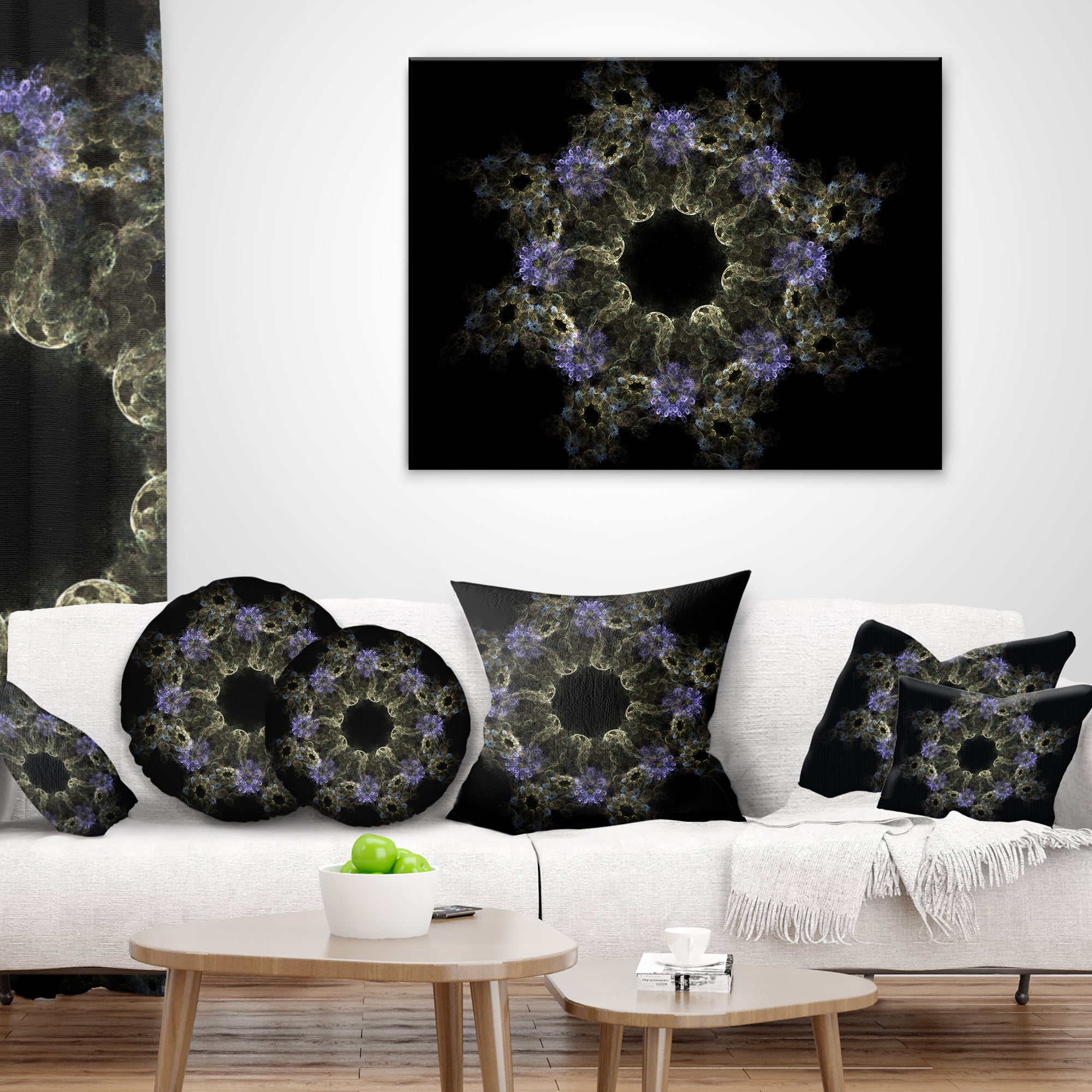 Designart Glowing Radial Fractal Flower in Purple - Floral Throw Pillow - 18x18