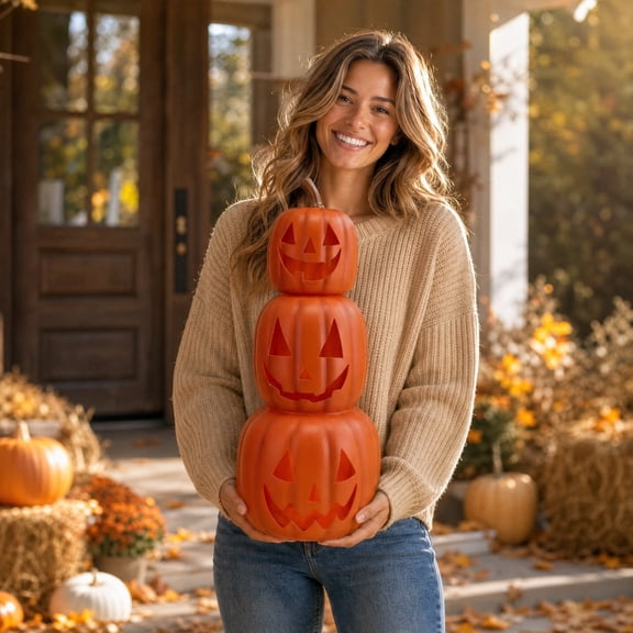 Halloween Pumpkin Stack Ornament, Hollow Paintable Plastic Pumpkin Decoration Set For Indoor Outdoor Fall Porch Table Display, Creative Seasonal Craft Decor For Home Party Arrangement