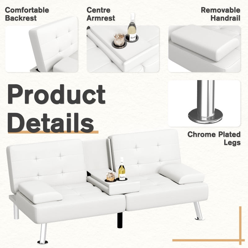 Lacoo Linen Futon Sofa Bed Modern Convertible Sleeper Couch with Removable Armrests & Cup Holders for Living Room,Small Spaces,PU Leather White