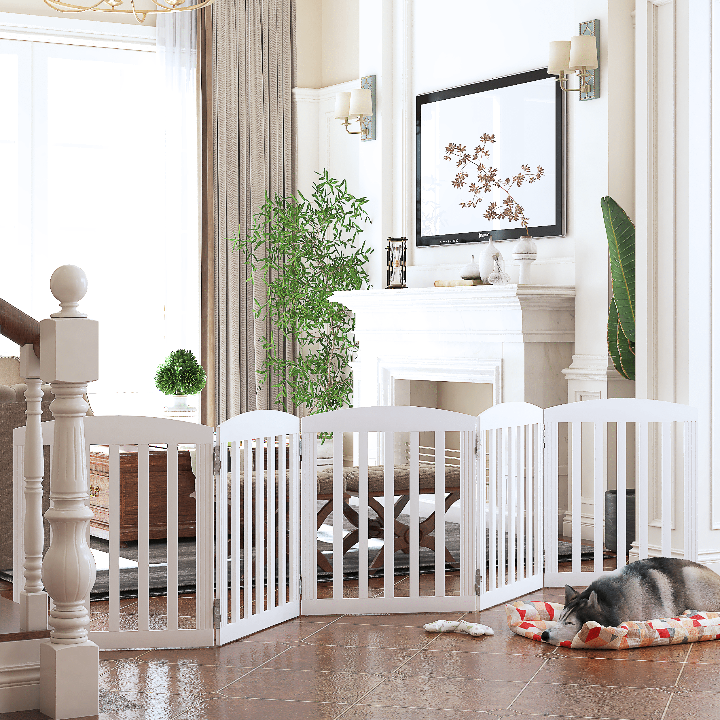 STAROUS 120" Extra Wide 28" Tall Foldable Dog Gates, Wooden Freestanding Pet Gate Indoor, Step Over Puppy Fence, 5 Panels, White