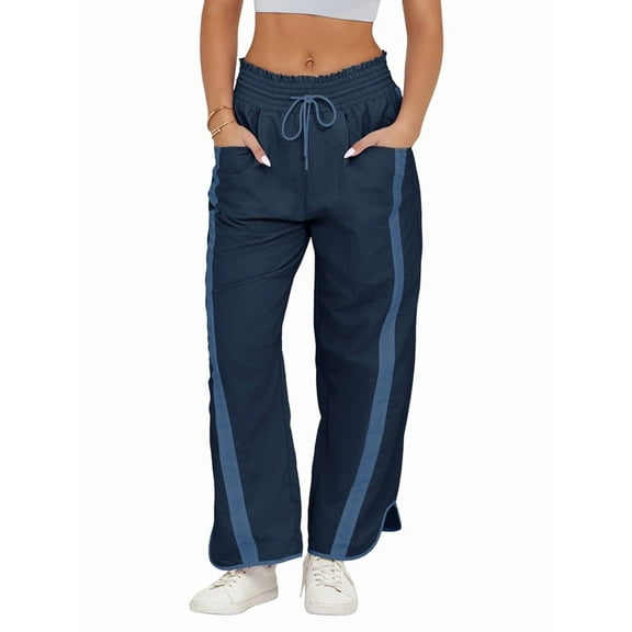 Women'S Baggy Wide Leg Pants Casual Drawstring Elastic Waisted Contrast Color Workout Y2K Track Pants Dark Blue XL