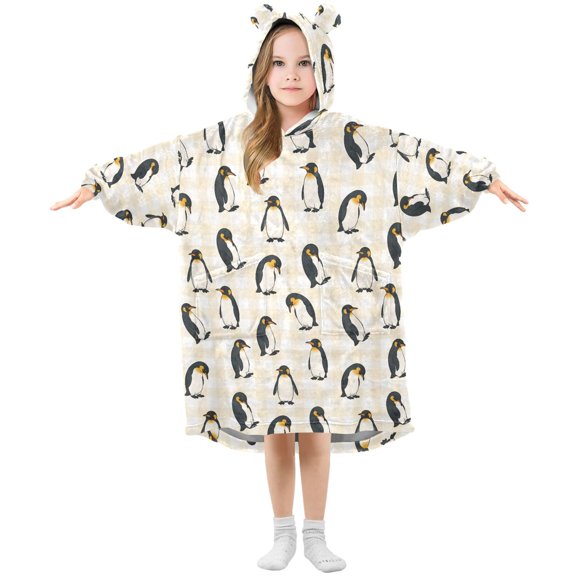Wearable Blanket Hoodie Oversized Blanket Hoodie for Boys Girls Teens 3-14YR Yellow Checkered Penguin