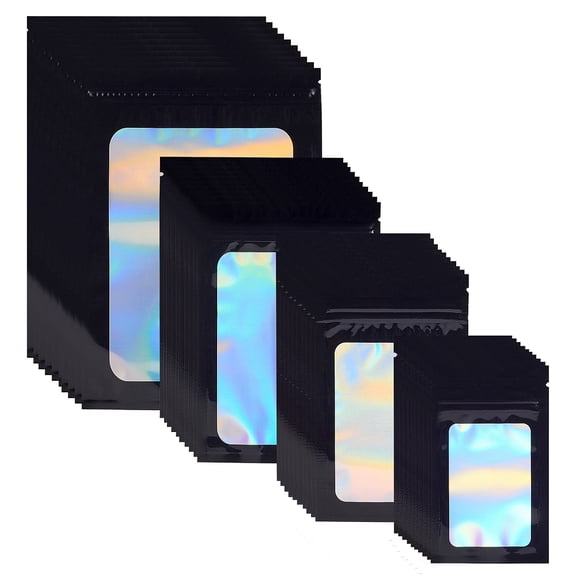 120Pcs 4 Style Rectangle Zip Lock Plastic Glitter Holographic Bags with Clear Window Resealable Bags Black 20x14x0.02cm 30pcs/style