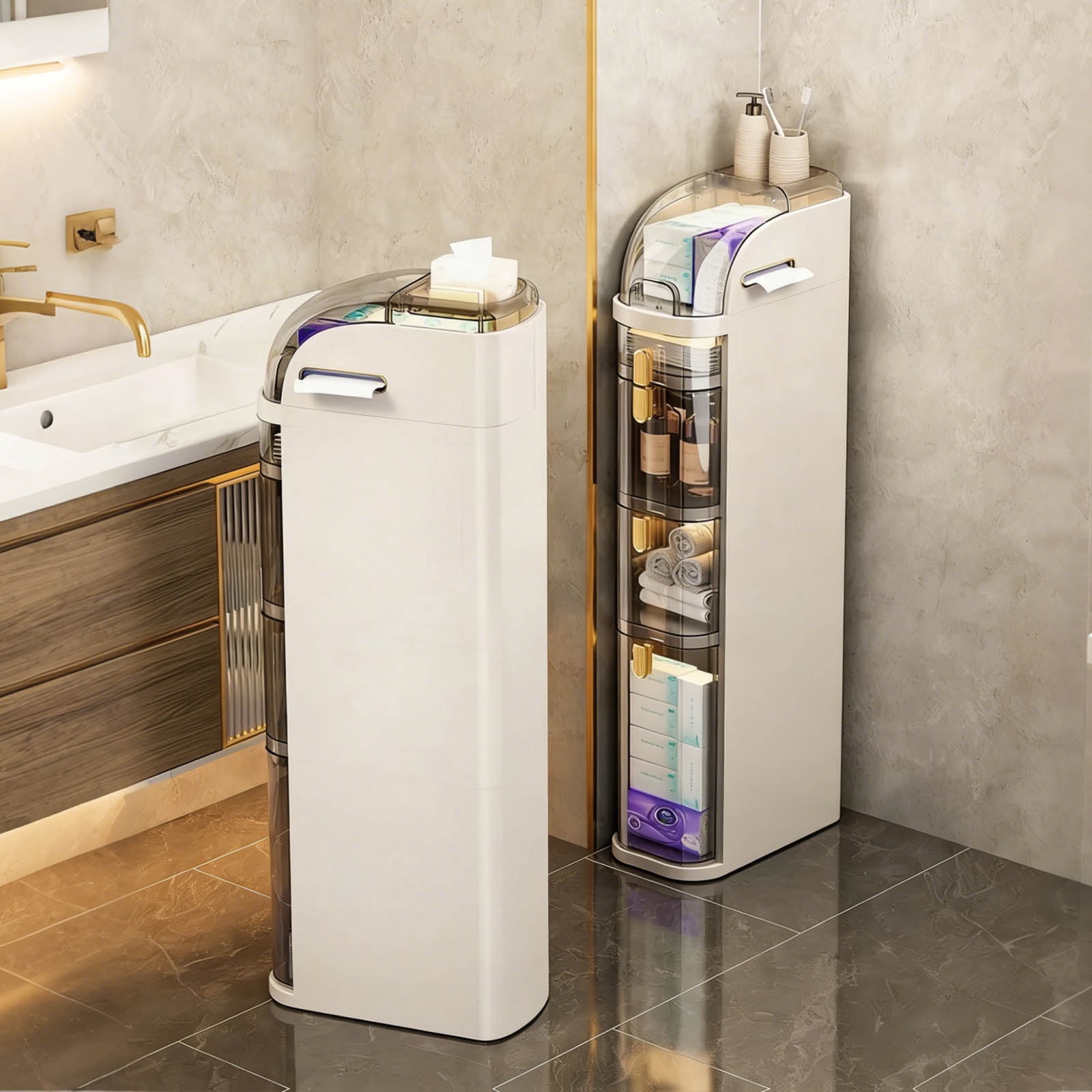 Bathroom Storage Cabinet, 5-Tier Narrow Floor Cabinet with Wheels, Mobile Bathroom Organizer for Toiletries and Towels, No Assembly Required for Small Spaces, White