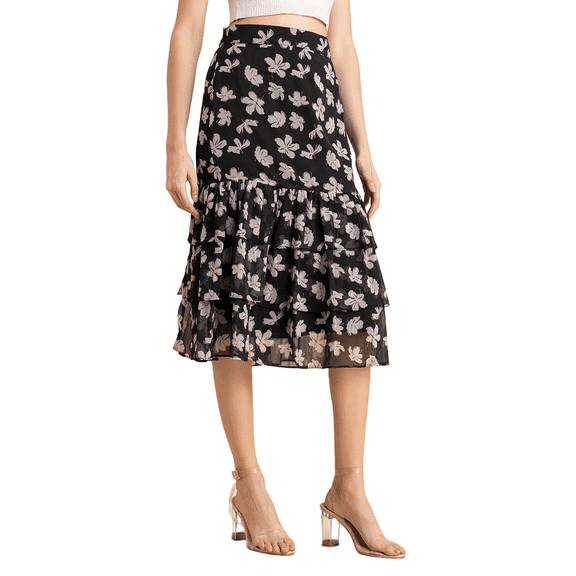 Moomaya Printed Layered Skirt For Women, Elastic Waist, Tiered Chiffon Midi Skirt
