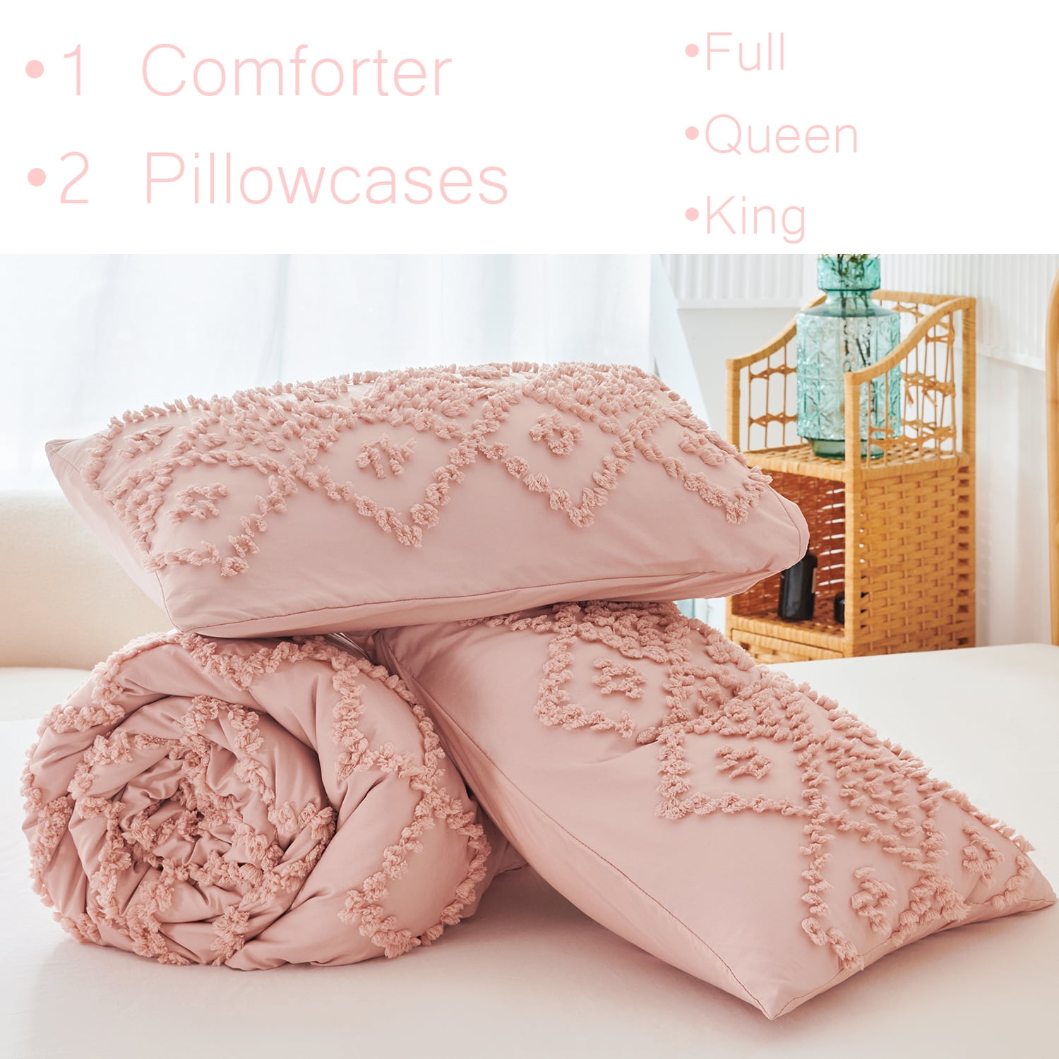 RYNGHIPY Jacquard Tufts Bedding Set Pink King 3 Pcs Farmhouse Style Geometric Solid Blush Comforter Set with Pillowcases Lightweight Microfiber (King, Pink)