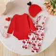 thumbnail image 6 of Valentine's Day Boys Girls Outfit Heart Print Long Sleeve Romper Suspender Pants Hat 3Pcs Toddler First Valentines Outfit Red 9 Months-12 Months, 6 of 7