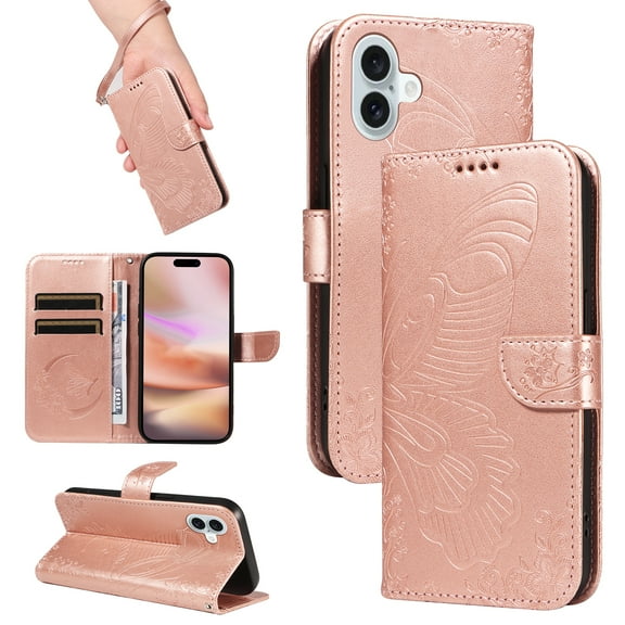 Allytechgroup Wallet Phone Case for iPhone 16 with Credit Card Slot, PU Leather Flip Case with Lanyard for Women Girls Military Grade Drop Protection for iPhone 16, Rosegold