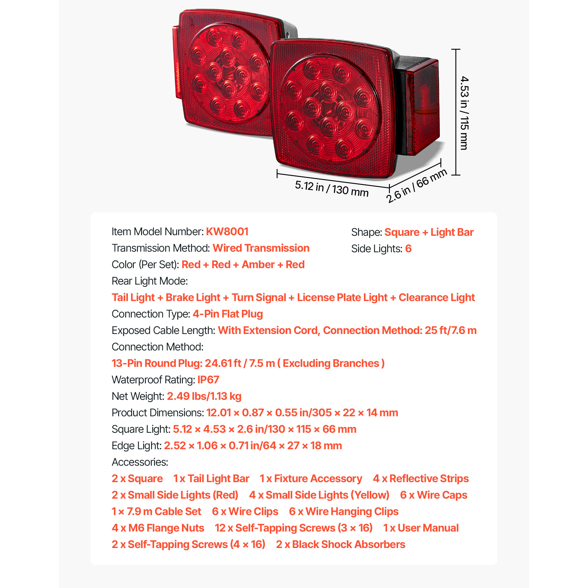 KFFKFF 12V LED Trailer Tail Lights Kit with Stop, Brake, Turn, and License Plate Lamps, Waterproof Tow Lighting System with Wiring Harness for Boats, Trucks, Campers, RVs, and Snowmobiles
