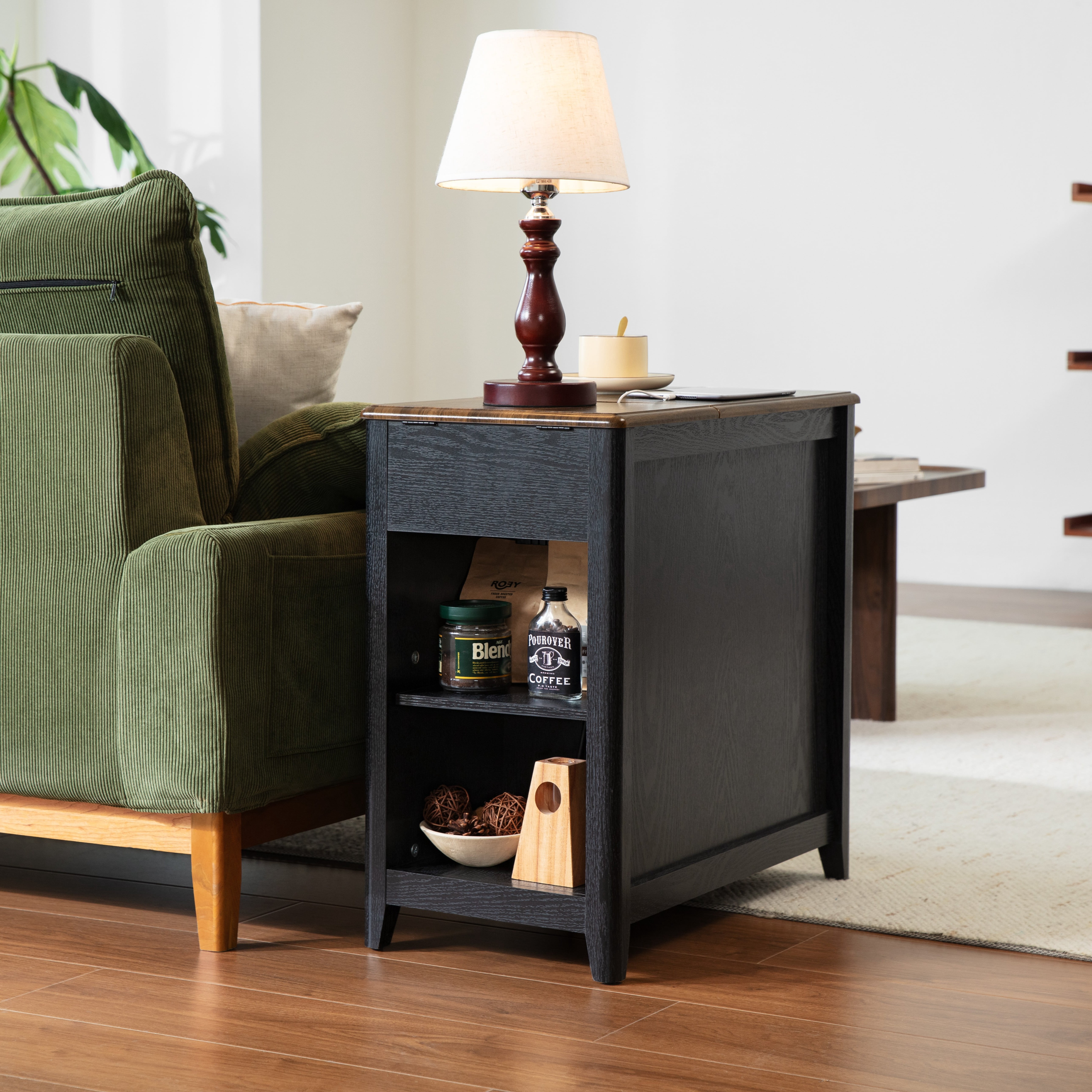 CHIC HOUSE End Tables for Living Room with Charging Station, Farmhouse Nightstand for Bedroom with Drawer Storage, Narrow Side Tables Accent Tables, Small Tables for Small Spaces, Black