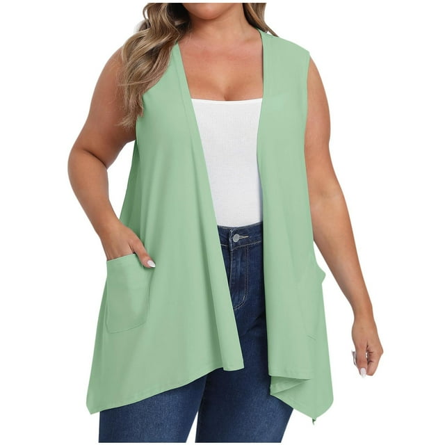 Plus Size Women Sleeveless Cardigan Open Front Lightweight Coat Draped Solid Color Long Vests with Pockets Mint Green 4XL