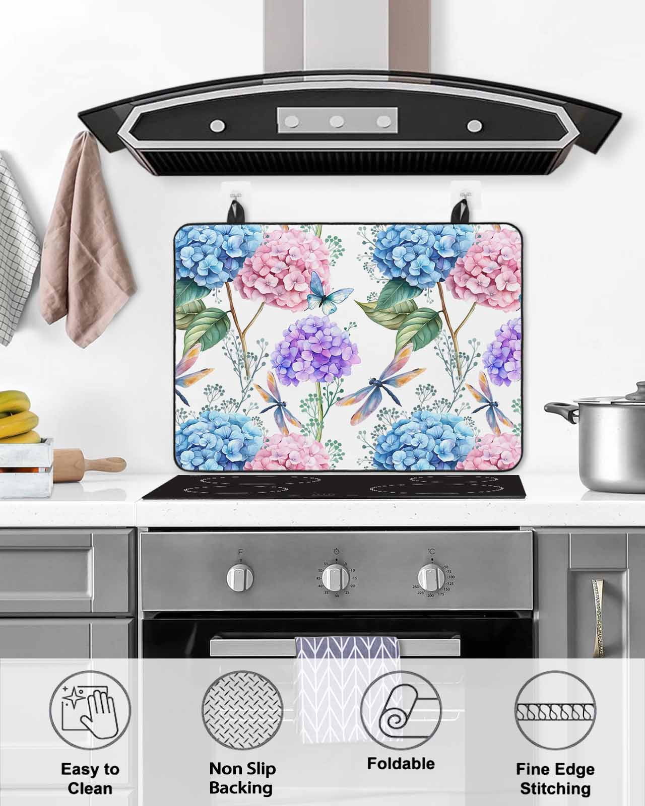 Large Induction Cooktop Protector Mat Botanical Flowers Stove Top Covers for Electric Stove, Spring Blue Pink Purple Floral Dragonfly Decorative Stove Burner Cover Mats, Glass Top Stove Cover