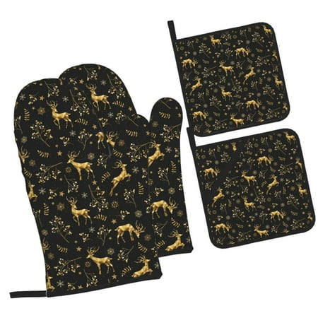

Haiem Christmas Gold Deers1 Print Extra Long Oven Mitts and Pot Holders 4pc Sets: Heat Resistant Silicone Oven Mittens with Mini Oven Gloves and Hot Pads Potholders