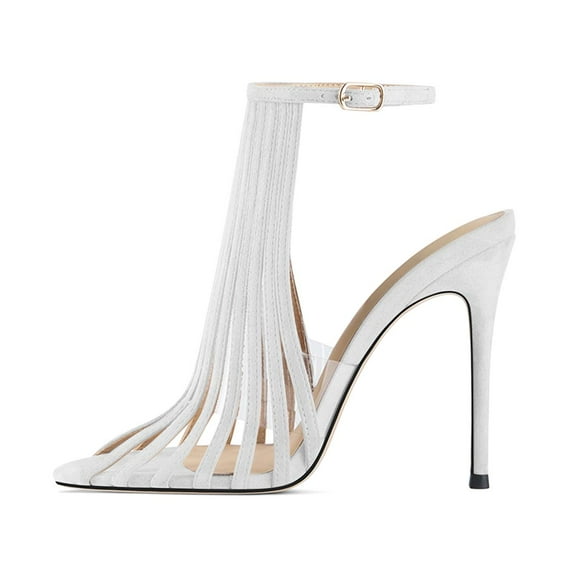 XYD Women Caged Pointed Peep Toe Sandals Sexy Stiletto Thin High Heels Transparent PVC Ankle Strap Slingback Pump Shoes Size 7 White