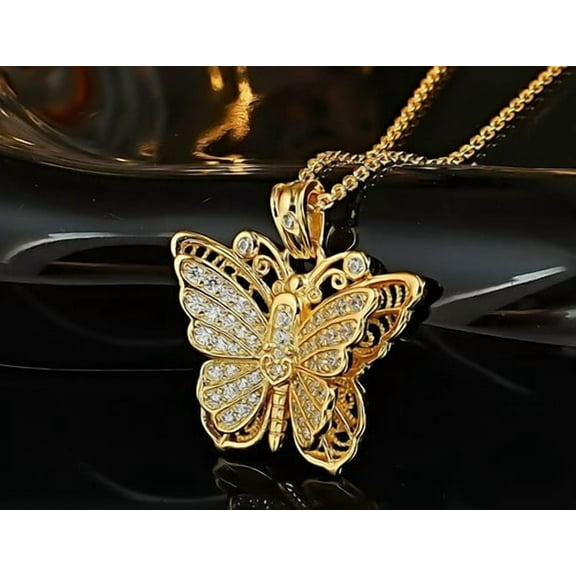 Double-Layer Butterfly 1Ct Round Cut Simulated Diamond 14K Yellow Gold Plated Women's Wedding Pendant 925 Silver
