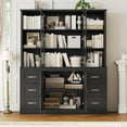 thumbnail image 4 of Hiphuta 74 in Tall Bookcase with 6 Drawers, 63" Wide Large Bookcase with Glass Door and Adjustable Shelves, Farmhouse Bookcase with Bark Texture, White, 4 of 7