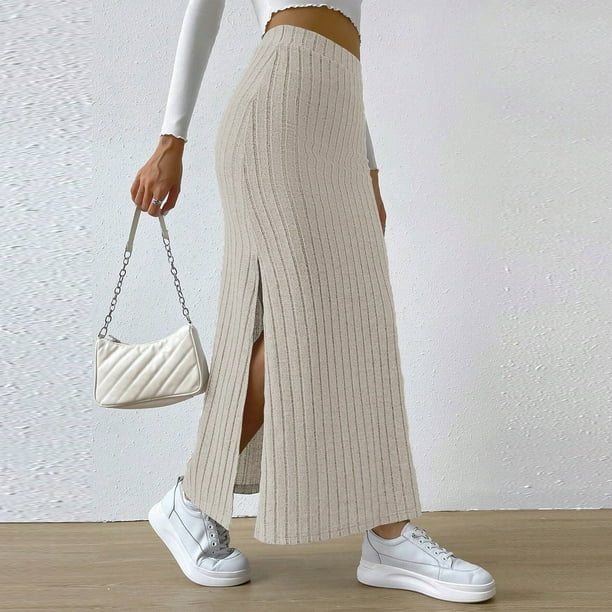 Faldas largas Falda ceñida al cuerpo para mujer, traje de calle cómodo de punto, Sexy, elegante, sólido, para uso diario Cgtredaw Beige T S para Mujer