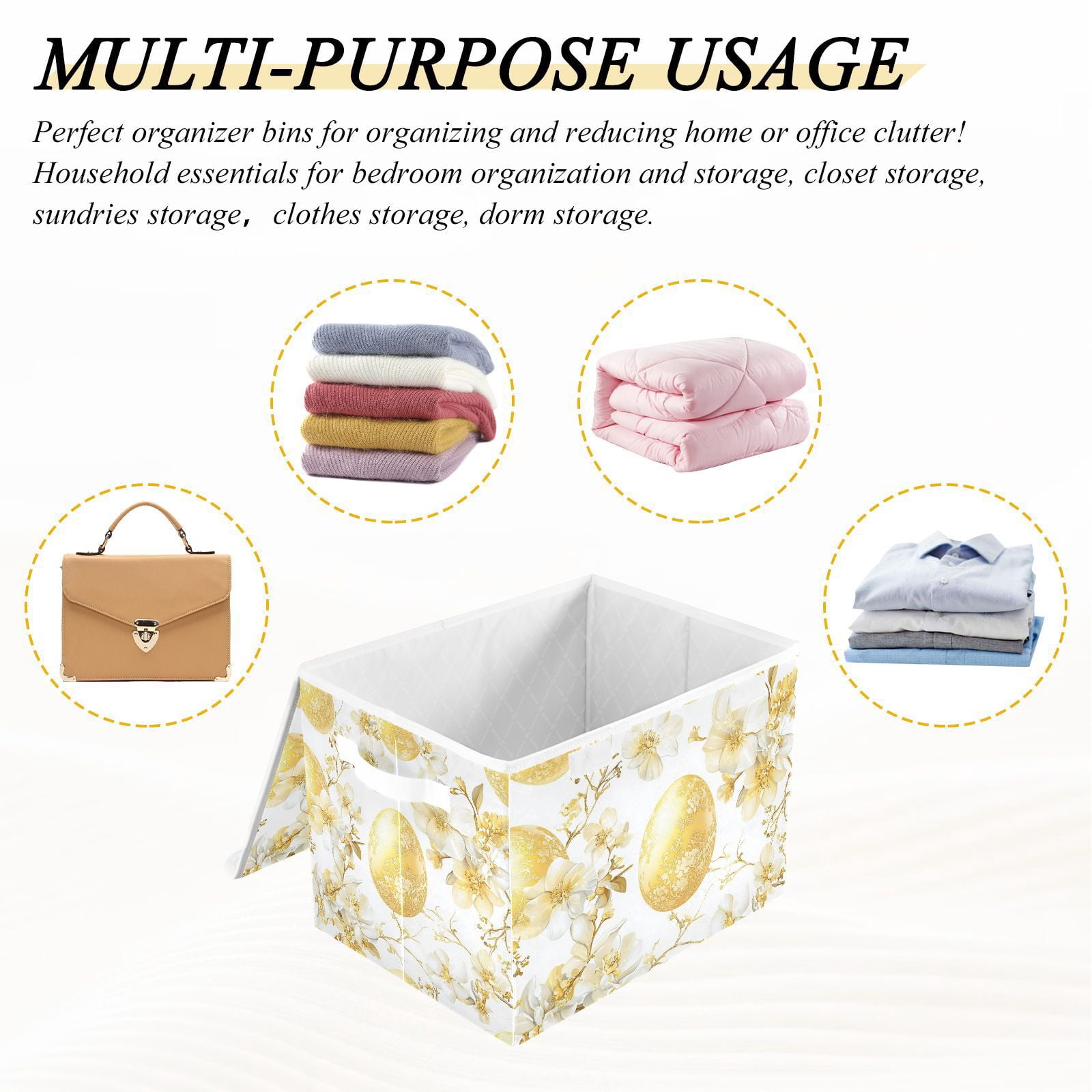 Gold Easter Eggs Flowers Storage Basket for Shelves Foldable Container Organizer for Organizing Toys Clothes Books with Handles