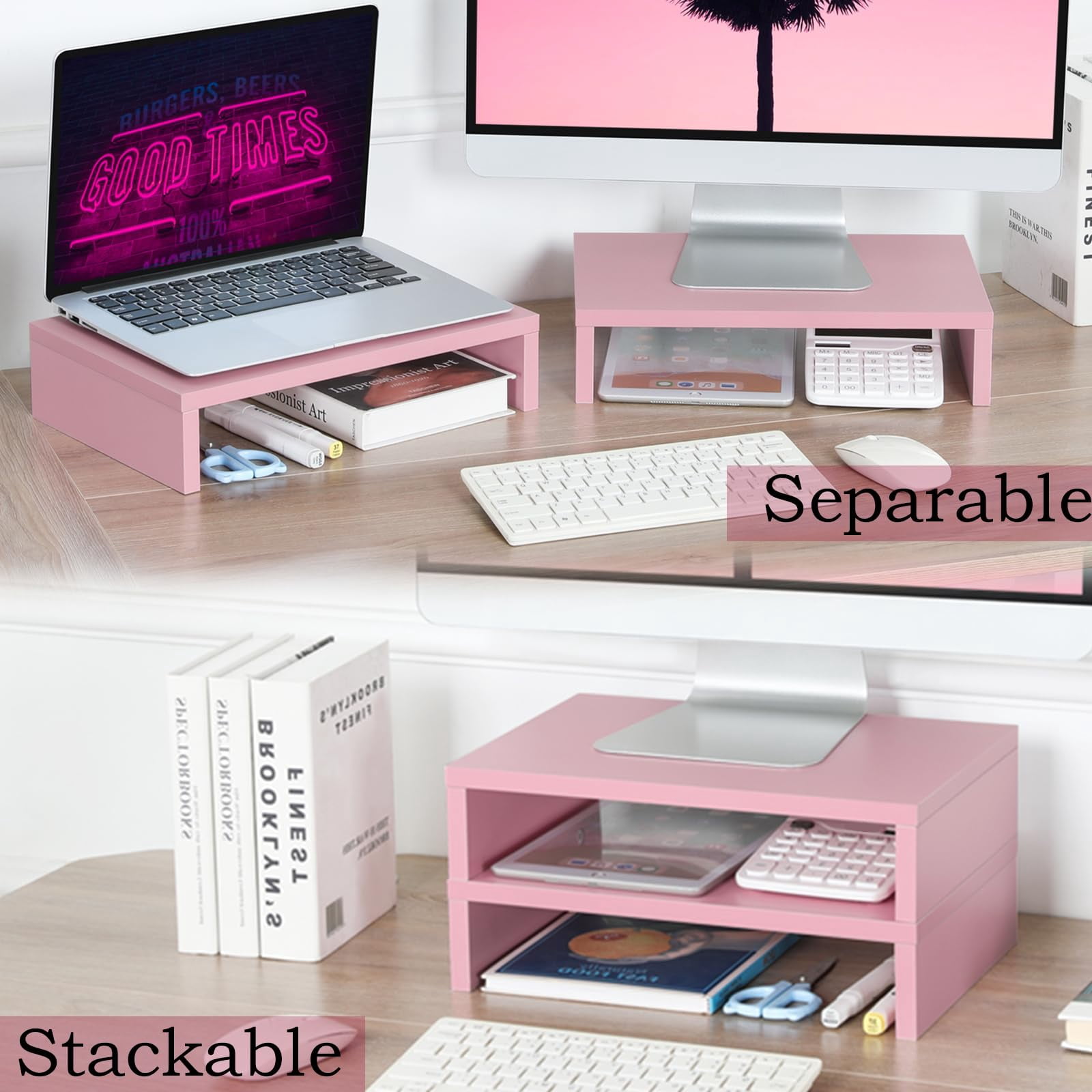 Pink Monitor Stand Riser-2 Pack Wood 2 Tier Adjustable Dual Riser For 2 Monitors/laptop/pc Computer Desk