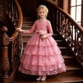 thumbnail image 2 of ZHOGXU Kids Elegant Girls Princess Dress Lightweight Mesh Layered Gown With Long Sleeve Soft Satin Bow Belt Birthday Party Outfit, 2 of 9