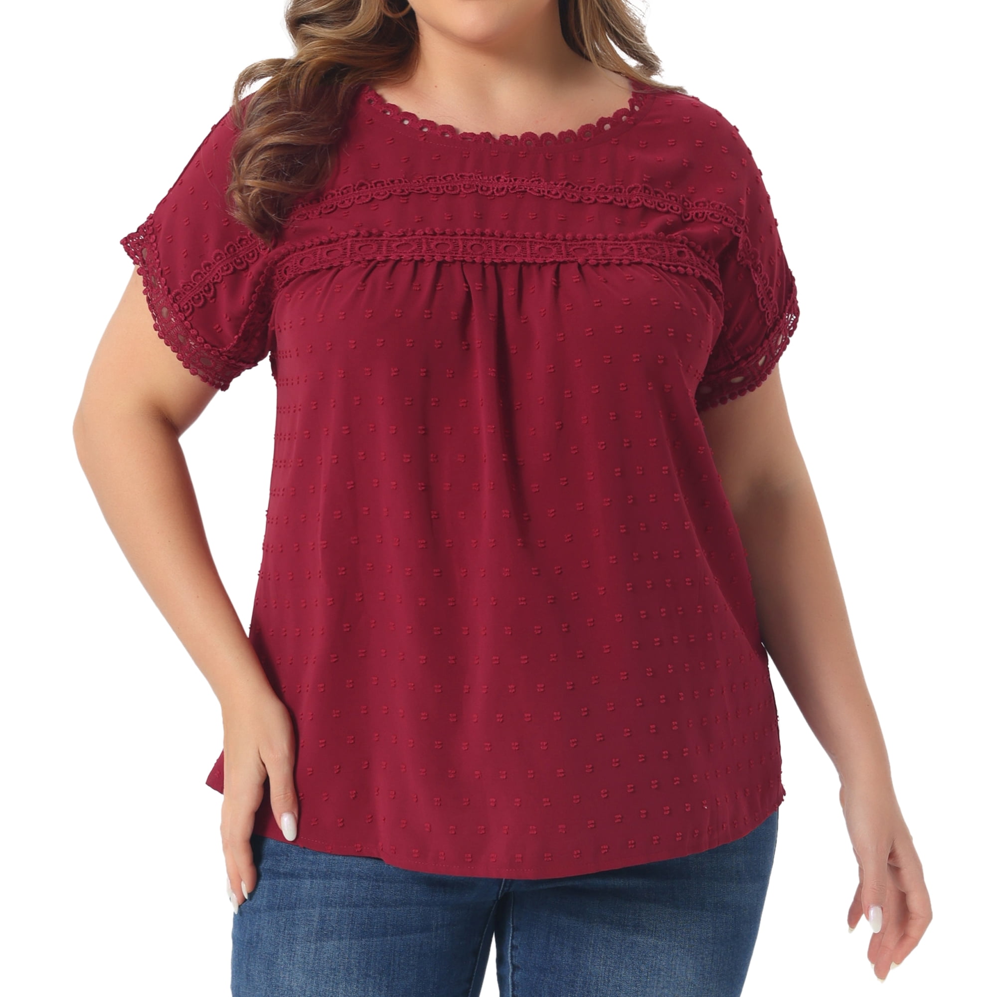 Women's Plus Tops with Swiss Dots Crew Neck Short Sleeve Casual Blouses 4X Burgundy