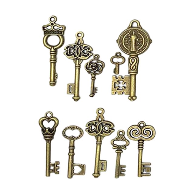 decoración de llaves vintage con llave de esqueleto, colgantes a granel de llaves de esqueleto mixtas para llaveros, suministros de manualidades para 10 piezas muestra diez dijes tipo llave de aleación color bronce en vista frontal, cabezas ornamentadas y dientes variados, tamaños mixtos 0,59–2,17 pulgadas, acabado metálico envejecido y texturizado, aptas para llaveros, collares y proyectos de manualidades; fondo blanco.
