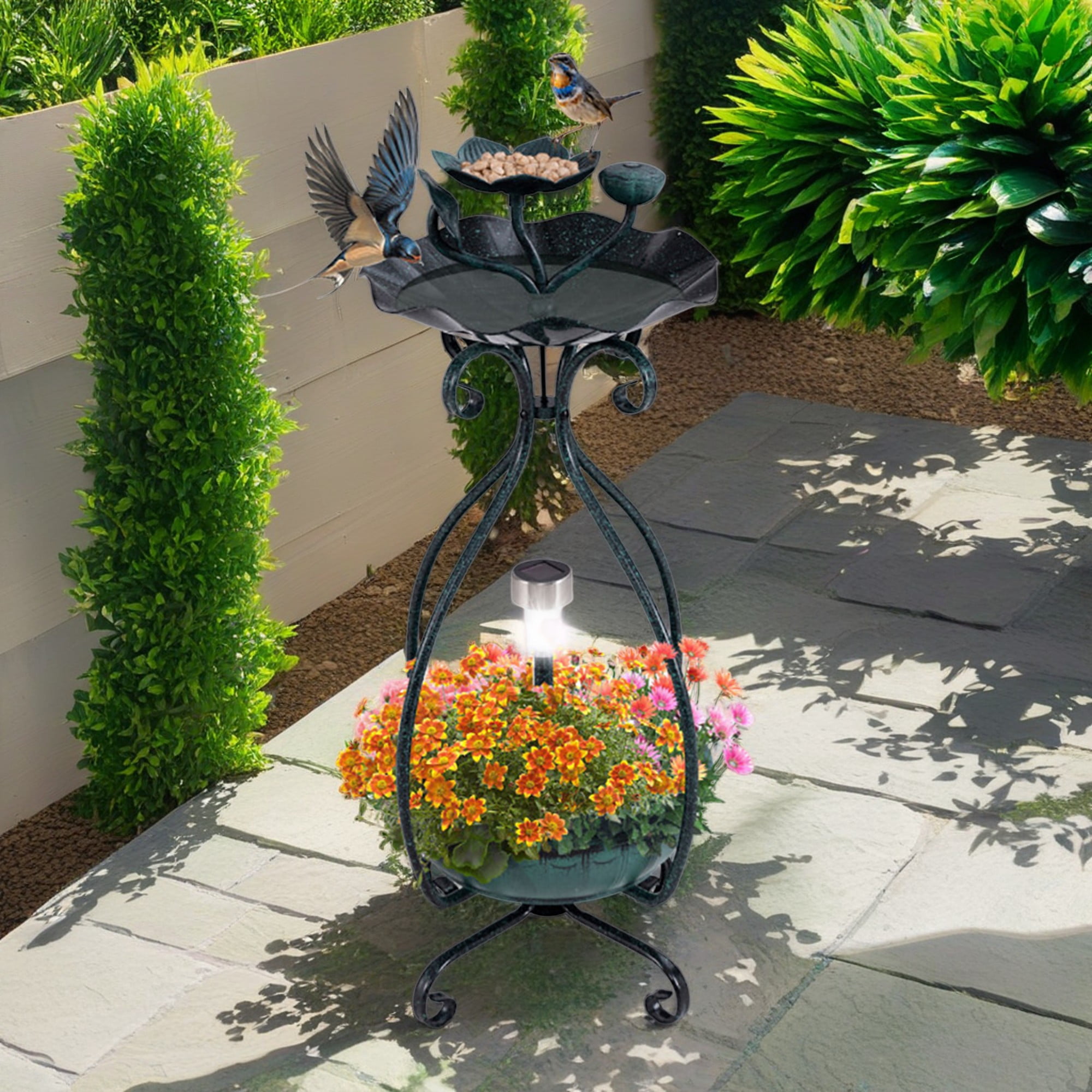 Pefilos 31" Outdoor Garden Bird Bath with Solar Light, Flower Planter Pedestal, Backyard Bird Feeder and Flower Planter, Green