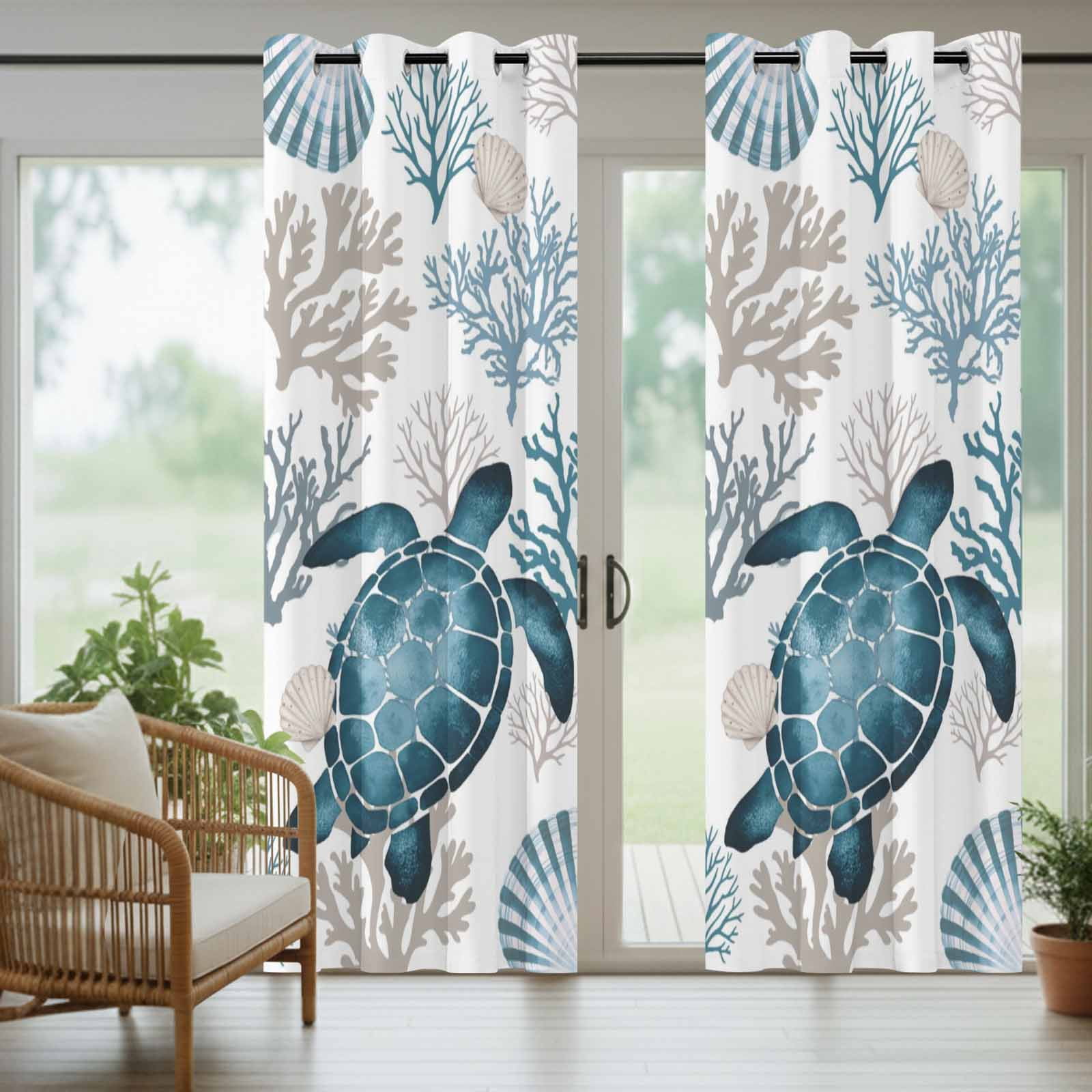 Coastal Sea Turtle Outdoor Curtains for Patio, Blue Gray Shell Coral Ocean Summer Sunshade Privacy Drapes Grommet Waterproof Outside Curtains for Porch/Cabana/Balcony 54"x 108", 2 Panel
