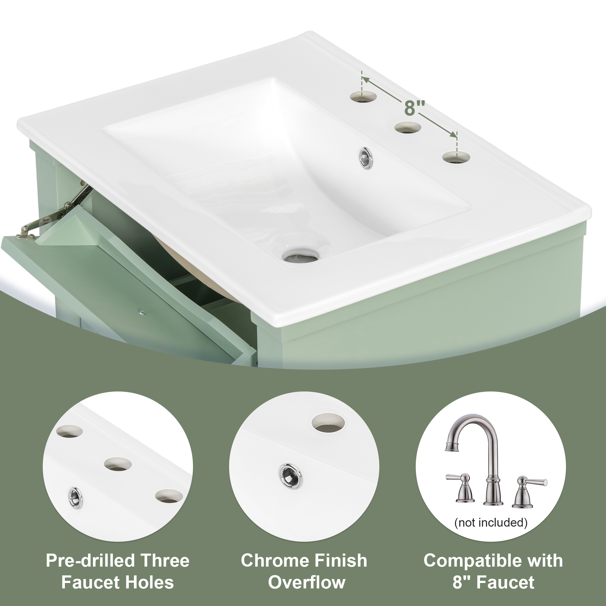 Alvantor 24" Bathroom Vanity with Ceramic Sink, Freestanding Storage Cabinet with Flip Drawers Green
